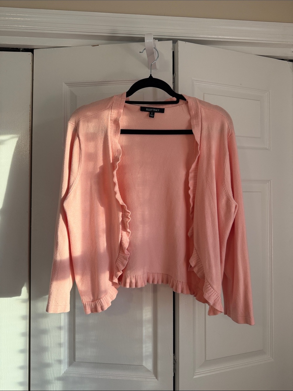 Ellen Tracy Pink Ruffle-Trim Open Cardigan